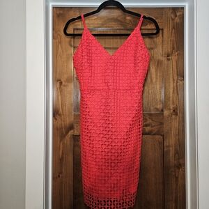 Lulu's Coral Red Lace V-Neck Spaghetti Strap Midi Dress